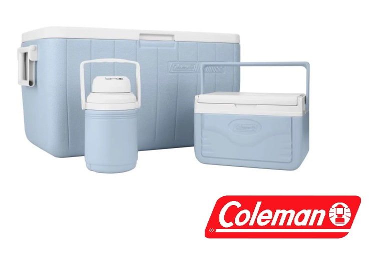 Cooler Coleman Combo 48qt 5qt botella pliquido Color Celeste