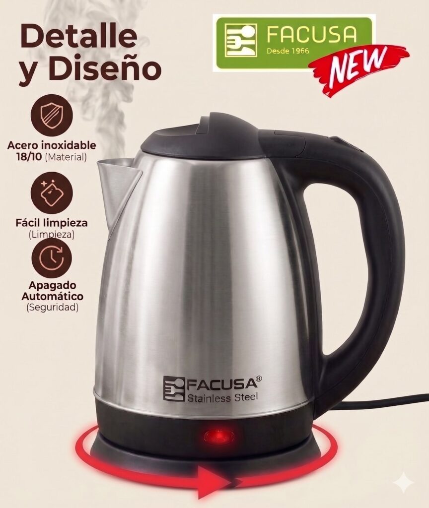FACUSA Hervidor Eléctrico 1.8 Litros Acero Inoxidable - Garantia