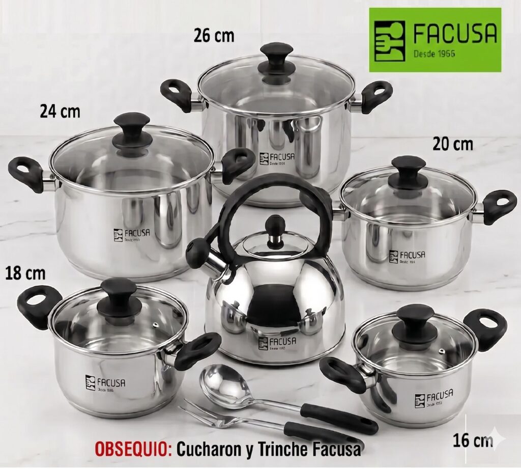 FACUSA Juego de Ollas 12 PIEZAS con Tetera Acero Inoxidable GRATIS UTENSILIOS