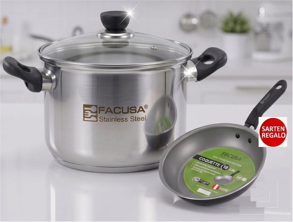 FACUSA OLLA 20 CM CON TAPA DE VIDRIO ACERO INOX C/ SARTEN GRATIS!! / ...