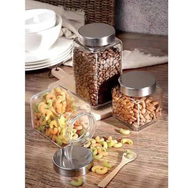 Frascos de Vidrio Cuadrado con tapa de Acero inox 3 piezas