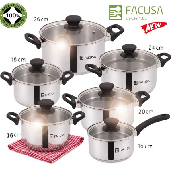 JUEGO DE OLLAS 12 PIEZAS ACERO INOXIDABLE FACUSA