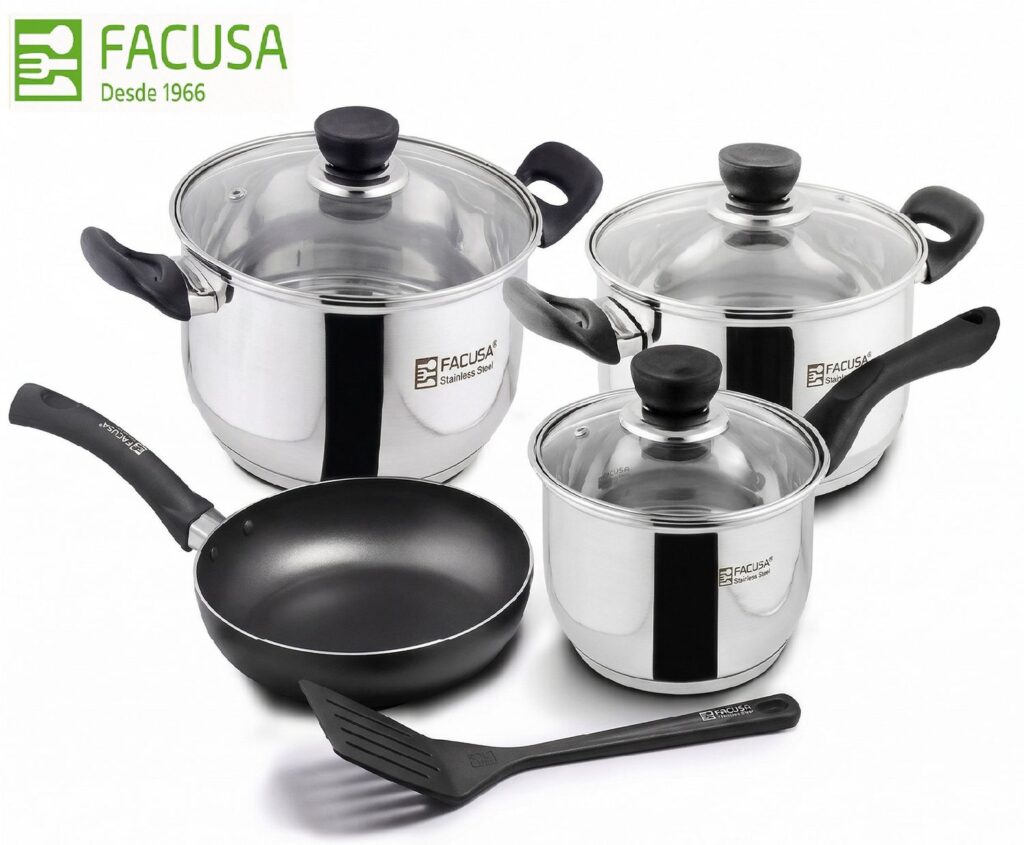 Juego de Ollas 8 Piezas Acero Inoxidable con tapa de vidrio Facusa