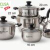 Juego de ollas 9 Piezas Acero Inoxidable con tapa de vidrio Facusa