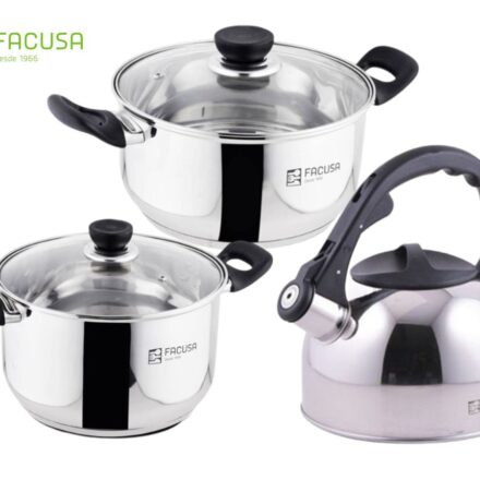 Juego de Ollas con tetera -5 piezas Acero Inoxidable con tapa de Vidrio Facusa