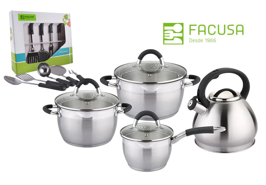 Juego de Ollas Facusa Acero Inoxidable con Utensilios Gratis