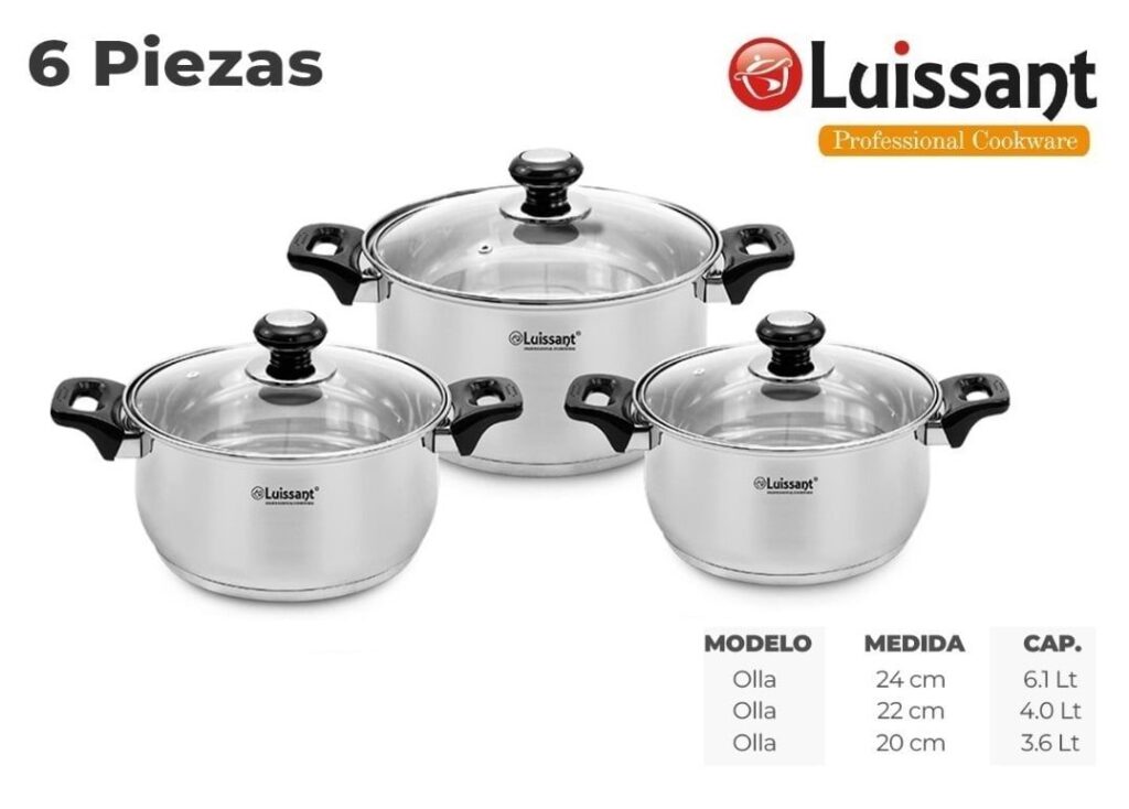 Set de Ollas de Acero c/ tapa de Vidrio 6 piezas Luissant