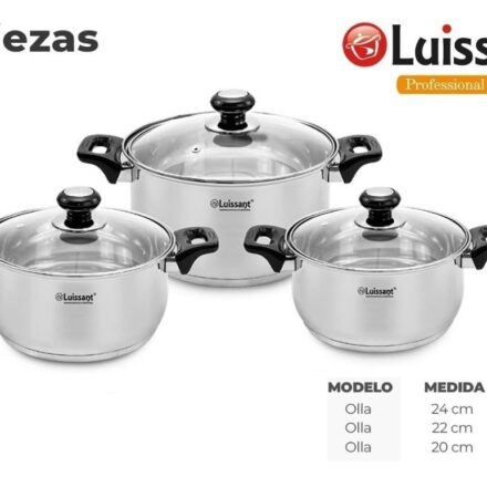 Set de Ollas de Acero c/ tapa de Vidrio 6 piezas Luissant
