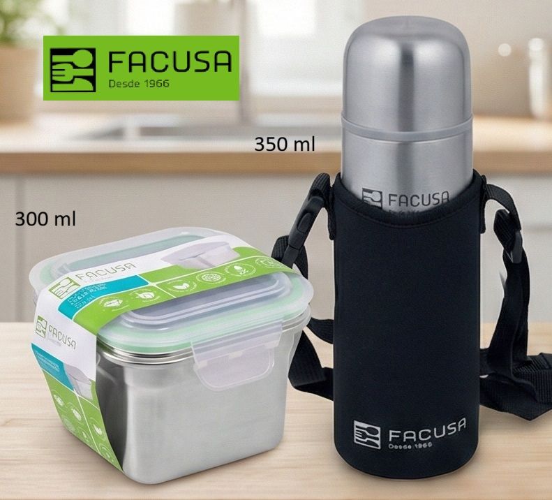 Set de Termo Acero Inoxidable FACUSA 350Ml y Taper Cuadrado. 300 ml