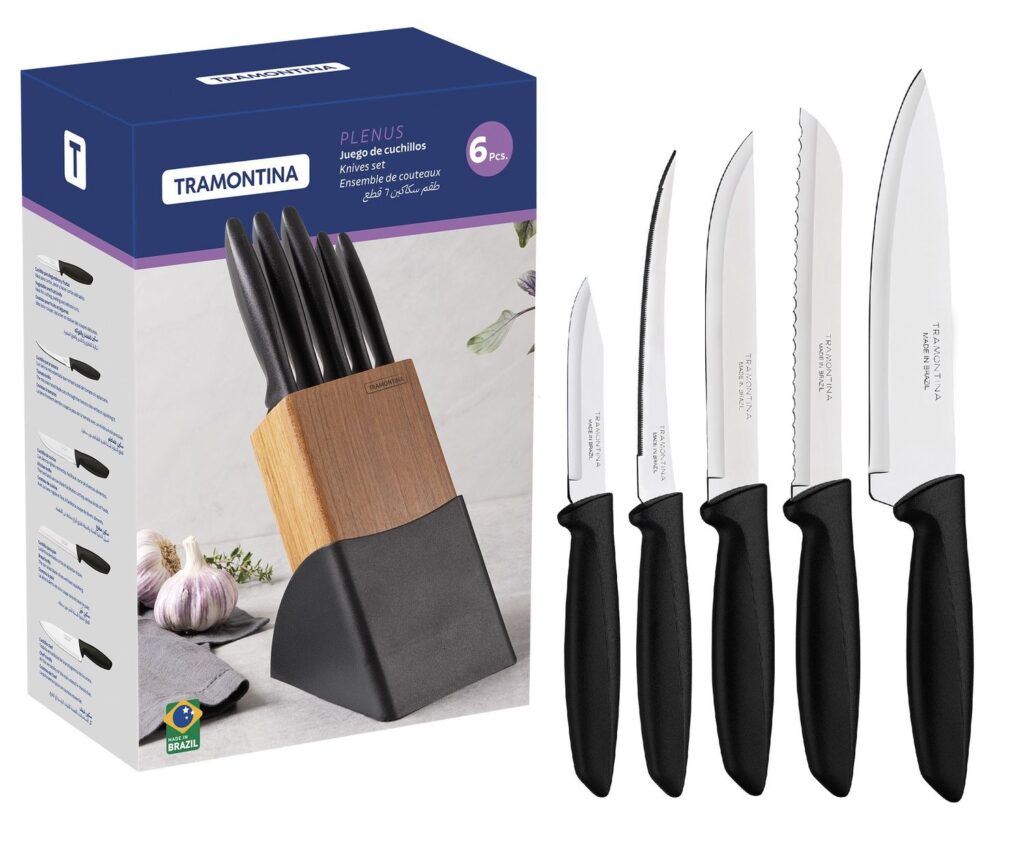 TRAMONTINA JUEGO DE CUCHILLOS CON TACO DE ACERO INOX